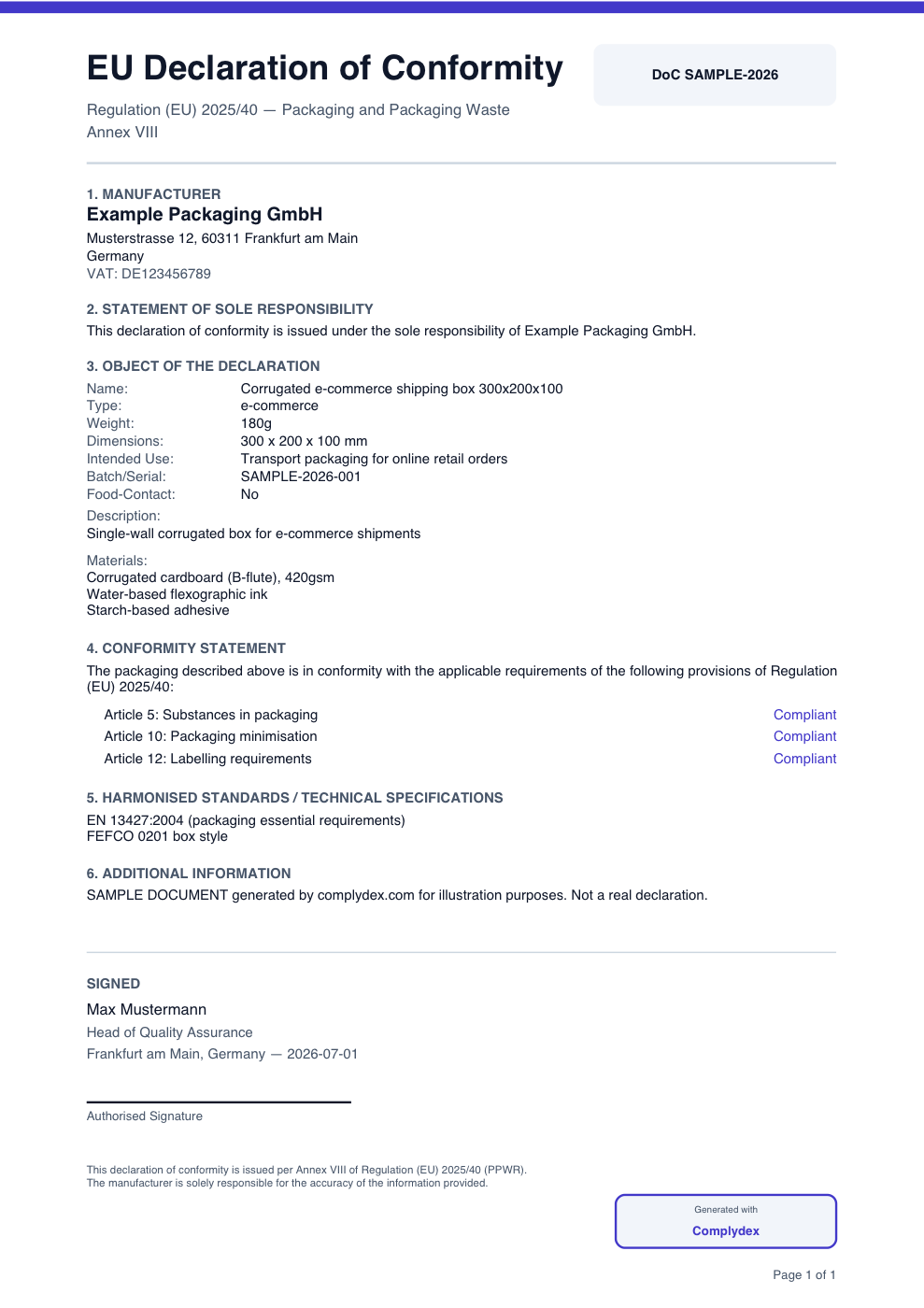 Sample EU Declaration of Conformity PDF (Annex VIII)