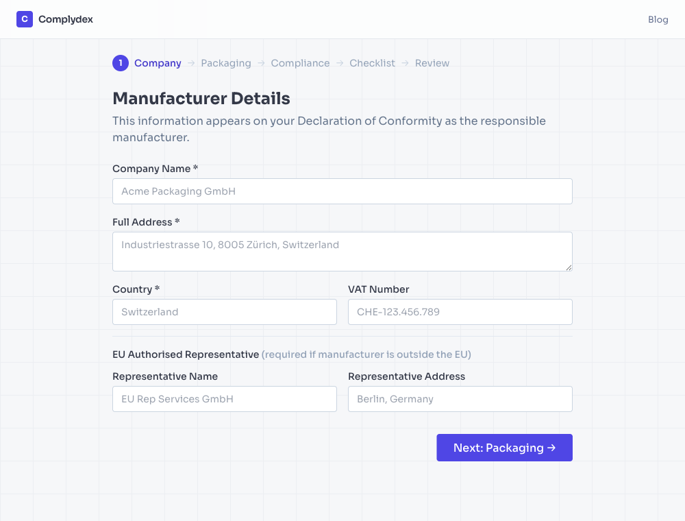 Complydex DoC wizard, step 1 of 5